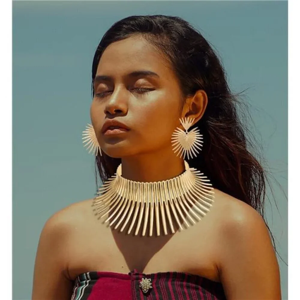 Bohemian Statement Gold Collar Necklace, Cuff Bracelet & Earrings Set Tribal